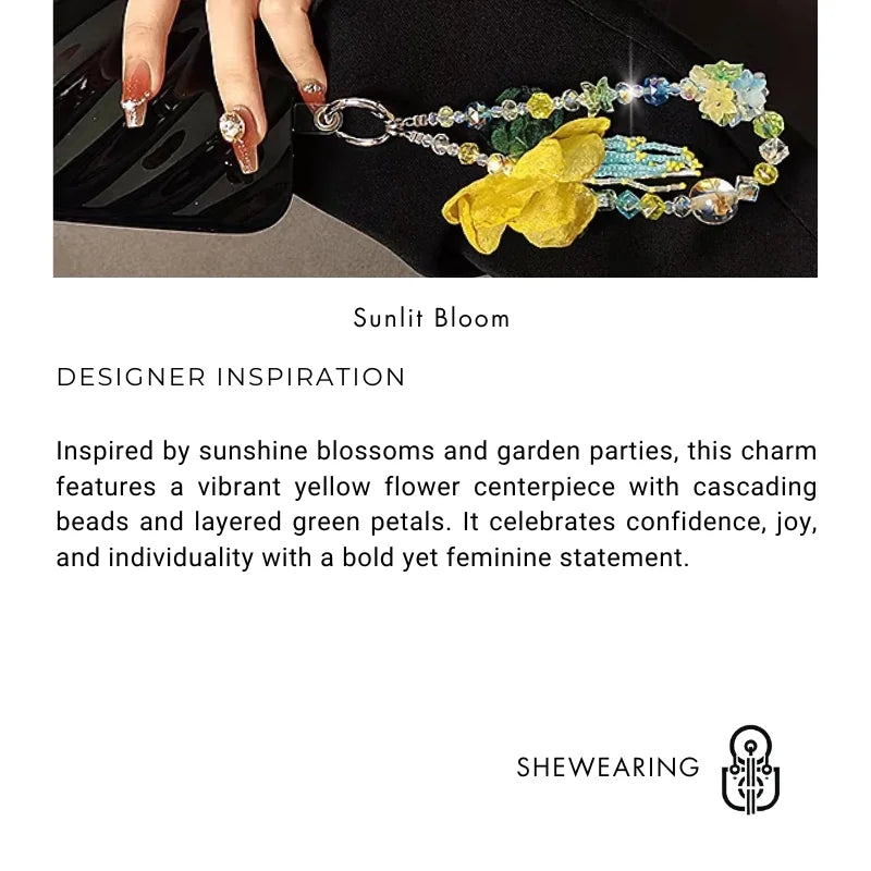Luxury Yellow Floral Crystal Beaded Charm – Short Wrist Strap Phone Chain & Convertible Bag Pendant | Handmade Organza Flower Accessory with Iridescent Beads
