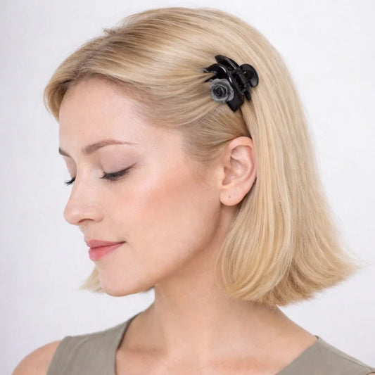 Elegant Black Rose Mini Hair Claw Clip – French Style Small Hair Accessory | Lightweight Secure Hold Clip for Half-Up Styling | Subtle Everyday Elegance Gift for Her
