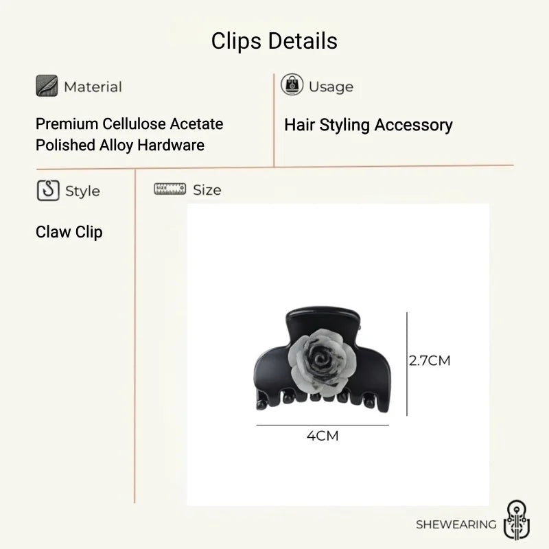 Elegant Black Rose Mini Hair Claw Clip – French Style Small Hair Accessory | Lightweight Secure Hold Clip for Half-Up Styling | Subtle Everyday Elegance Gift for Her