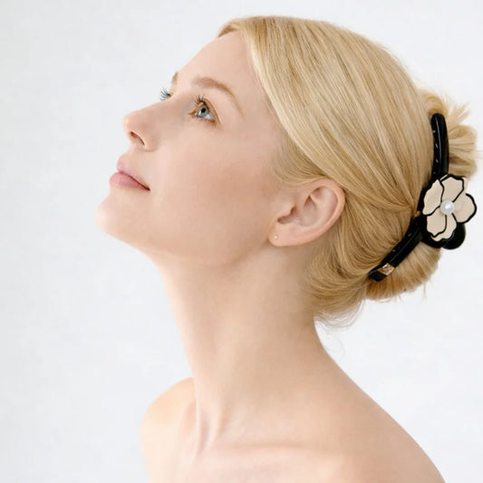 Elegant Camellia Pearl Hair Claw Clip – French Vintage Style Acetate Hair Accessory | Strong Hold Large Claw Clip for Women | Timeless Black & Ivory Styling Gift for Her