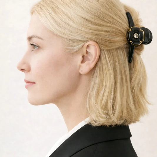 Elegant Black Camellia Crystal Hair Claw Clip – French Vintage Style Acetate Hair Accessory | Strong Hold Large Claw Clip with Gold Detail | Refined Everyday Styling Gift for Her