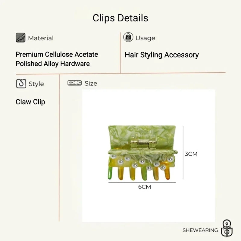 Forest Pearl Acetate Hair Claw Clip – Elegant French-Inspired Green Hair Accessory | Handmade Marble Texture Claw Clip with Pearl Detail | Chic Secure Hair Clip Gift for Her