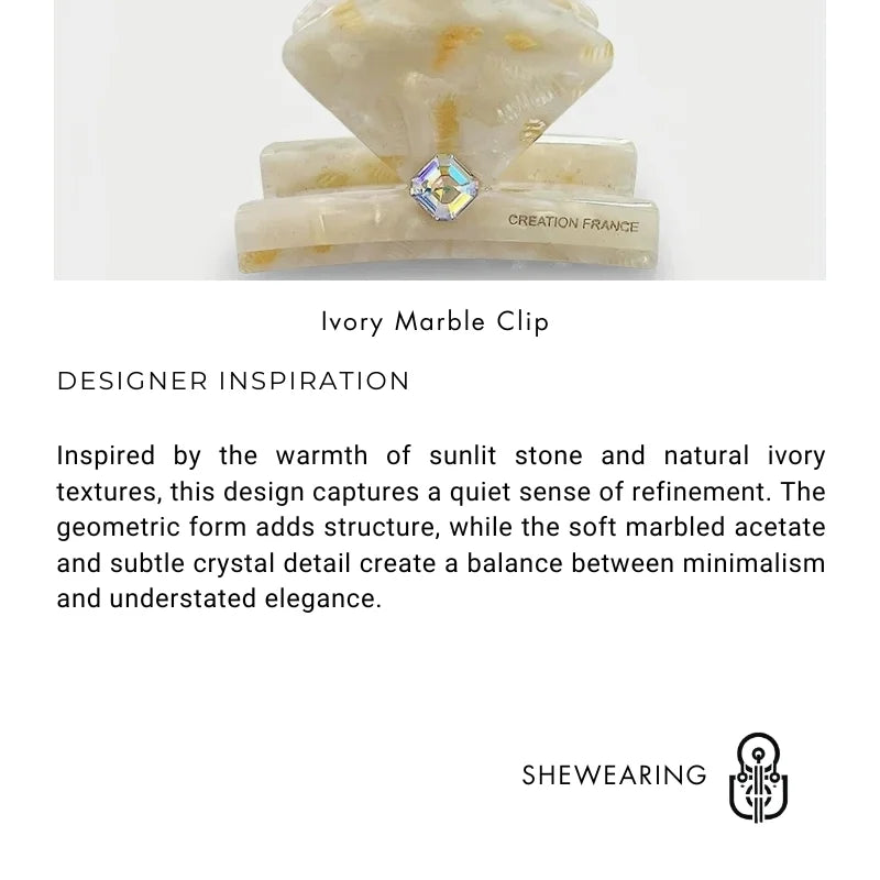 Ivory Marble Acetate Hair Claw Clip – Elegant Geometric French-Inspired Hair Accessory | Handmade Textured Square Design with Crystal Accent | Chic Minimal Hair Clip Gift for Her