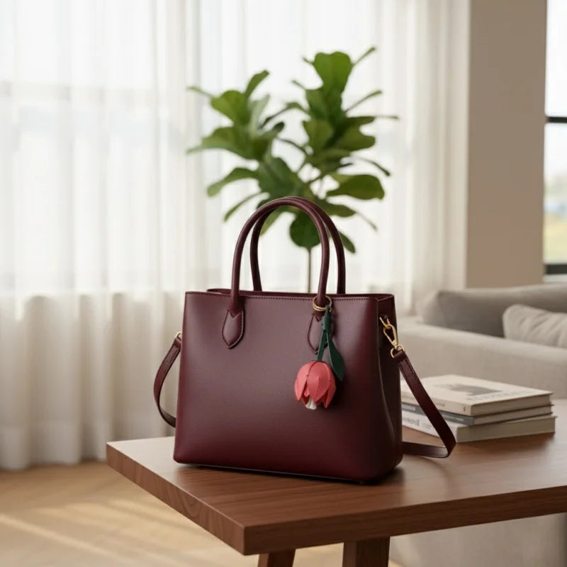 Romantic Red Rose Leather Bag Charm – Handmade Flower Pendant | Full-Grain Leather Keychain | Elegant Purse Accessory & Gift