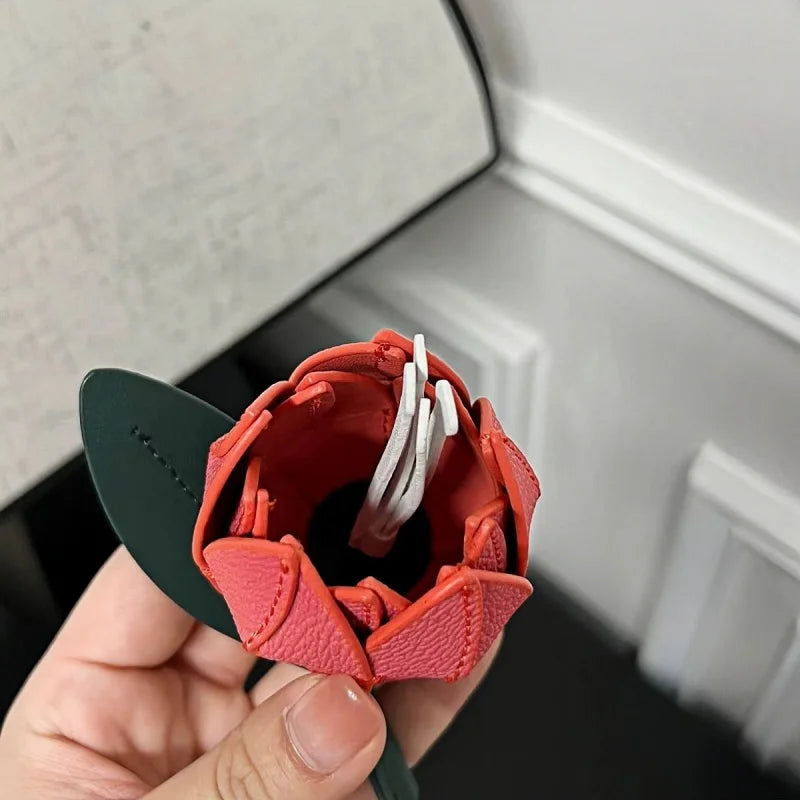 Romantic Red Rose Leather Bag Charm – Handmade Flower Pendant | Full-Grain Leather Keychain | Elegant Purse Accessory & Gift