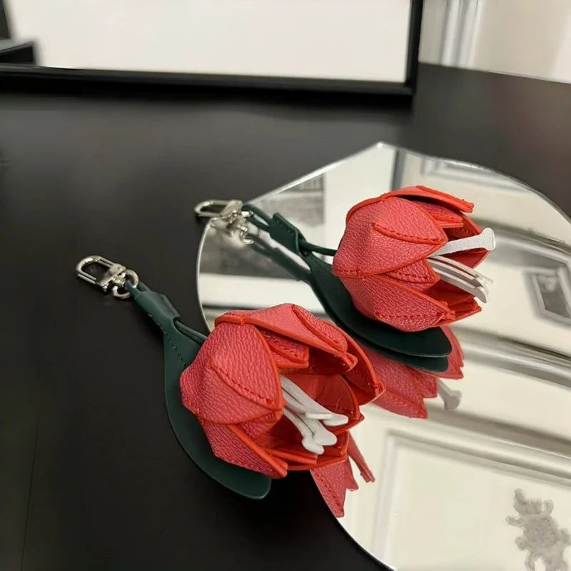 Romantic Red Rose Leather Bag Charm – Handmade Flower Pendant | Full-Grain Leather Keychain | Elegant Purse Accessory & Gift