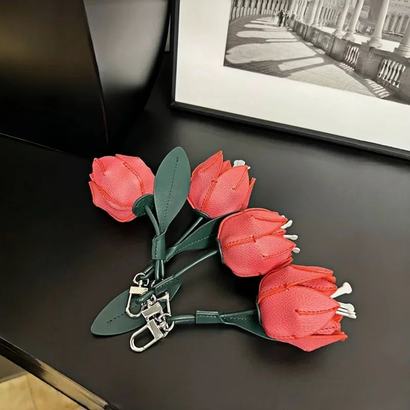 Romantic Red Rose Leather Bag Charm – Handmade Flower Pendant | Full-Grain Leather Keychain | Elegant Purse Accessory & Gift
