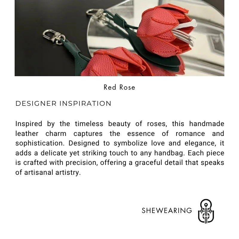 Romantic Red Rose Leather Bag Charm – Handmade Flower Pendant | Full-Grain Leather Keychain | Elegant Purse Accessory & Gift