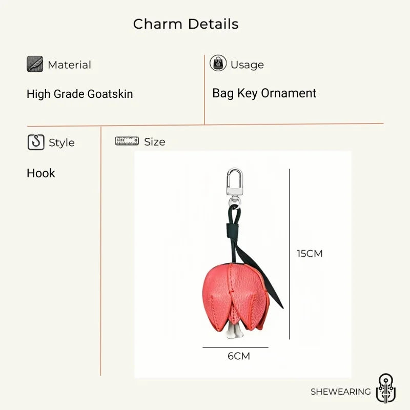 Romantic Red Rose Leather Bag Charm – Handmade Flower Pendant | Full-Grain Leather Keychain | Elegant Purse Accessory & Gift