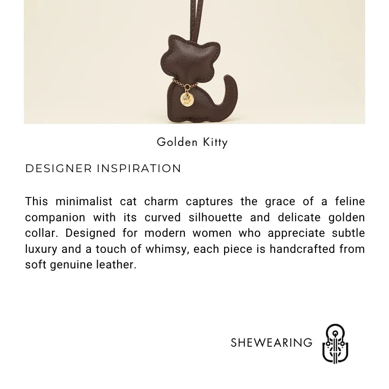 Chic Leather Cat Bag Charm – Handmade Sitting Kitty Pendant with Gold Necklace | Minimalist Style | Genuine Leather | Custom Color Options for Elegant Handbags
