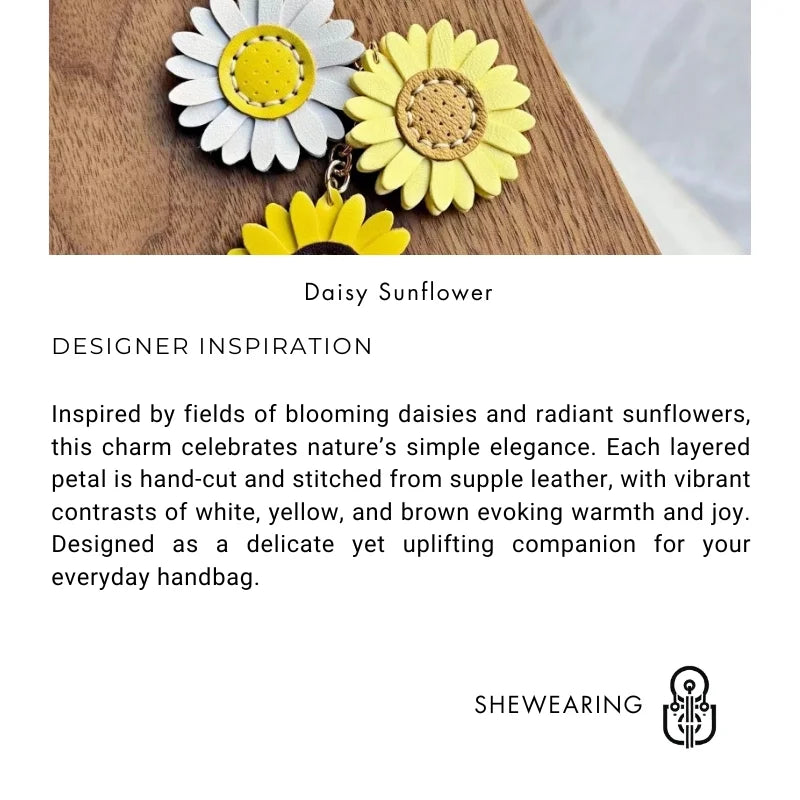 Handmade Leather Daisy Sunflower Bag Charm – Triple Floral Keychain & Handbag Pendant | White, Yellow & Brown Leather Flowers | Elegant Women’s Gift Accessory