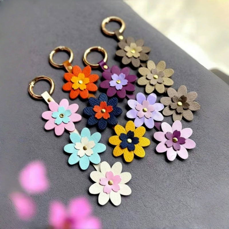 Handmade Leather Cherry Blossom Bag Charm – Full-Grain Leather Floral Pendant & Keychain | Multi-Color Sakura Accessory for Handbags, Totes & Keys | Creative Couple Gift