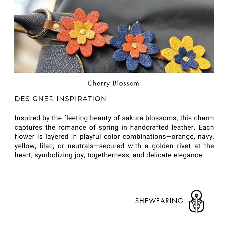 Handmade Leather Cherry Blossom Bag Charm – Full-Grain Leather Floral Pendant & Keychain | Multi-Color Sakura Accessory for Handbags, Totes & Keys | Creative Couple Gift