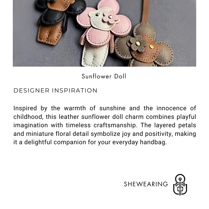 Handmade Sunflower Doll Leather Bag Charm – Full-Grain Leather Handbag Pendant & Keychain | Cute Floral Accessory for Women’s Tote, Purse & Keys | Artisan Crafted