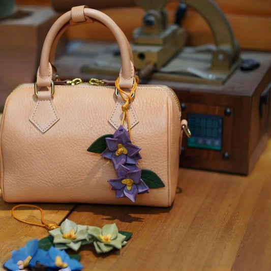 Handcrafted Waxed Leather Double Flower Bag Charm – Vintage-Inspired Floral Pendant with Layered Petals | Artisan Cowhide Handbag Accessory | Elegant Gift for Her
