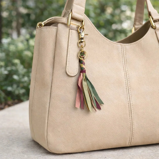 Handcrafted Braided Colorblock Leather Tassel Bag Charm – Full-Grain Cowhide Fringe Pendant with Brass Clasp | Elegant Handbag Accessory