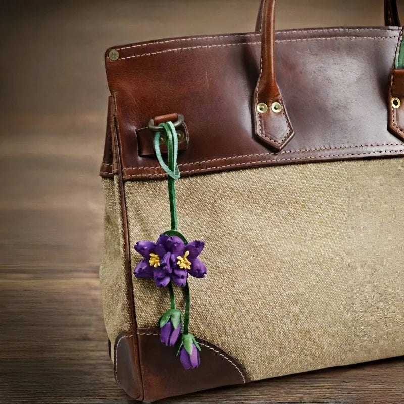 Purple Blossom Leather Bag Charm – Handmade Full-Grain Leather Flower Pendant | Unique Handcrafted Sakura-Inspired Accessory | Elegant Handbag Decoration Gift