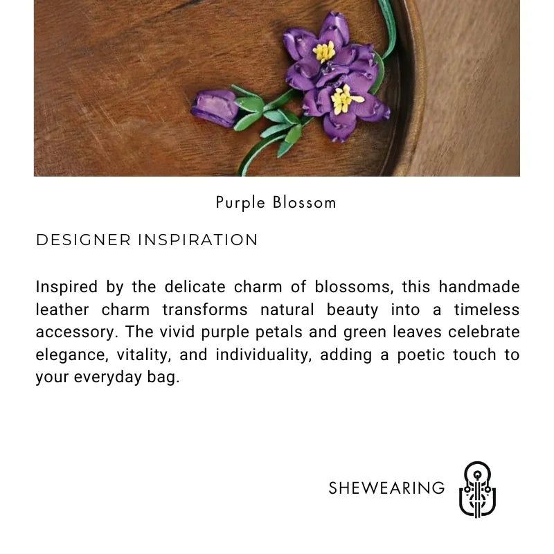 Purple Blossom Leather Bag Charm – Handmade Full-Grain Leather Flower Pendant | Unique Handcrafted Sakura-Inspired Accessory | Elegant Handbag Decoration Gift
