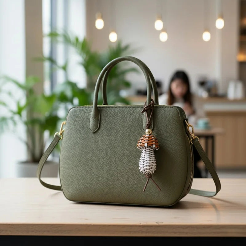 Dije de bolso con forma de hongo de cuero tejido a mano – Colgante artesanal de piel de vaca trenzada | Llavero bohemio creativo | Regalo único hecho a mano