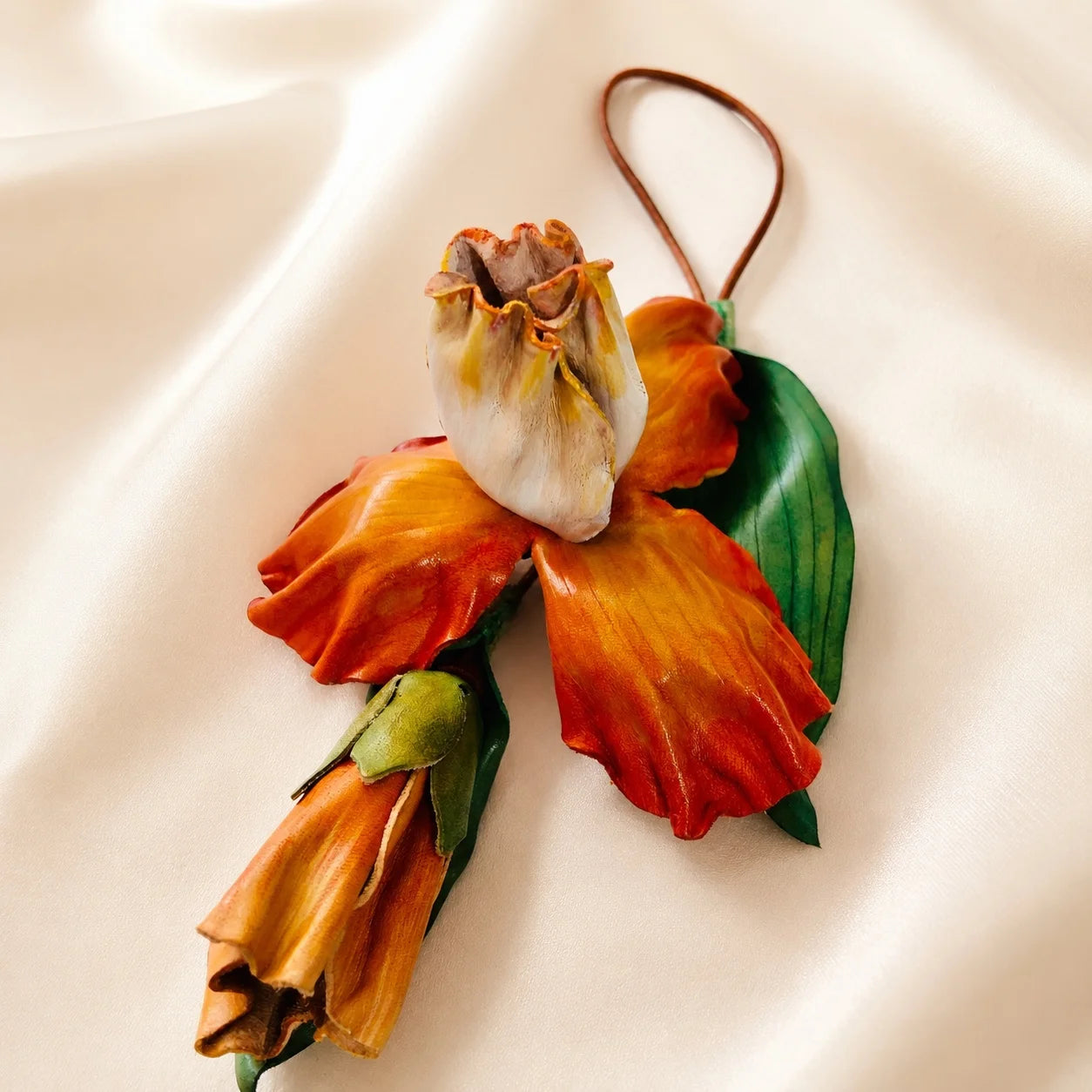 Handcrafted Pumpkin Cheese Iris Leather Bag Charm, Premium Hand-Painted Floral Handbag Accessory, Sculptural Botanical Statement Gift for Women and Flower Lovers