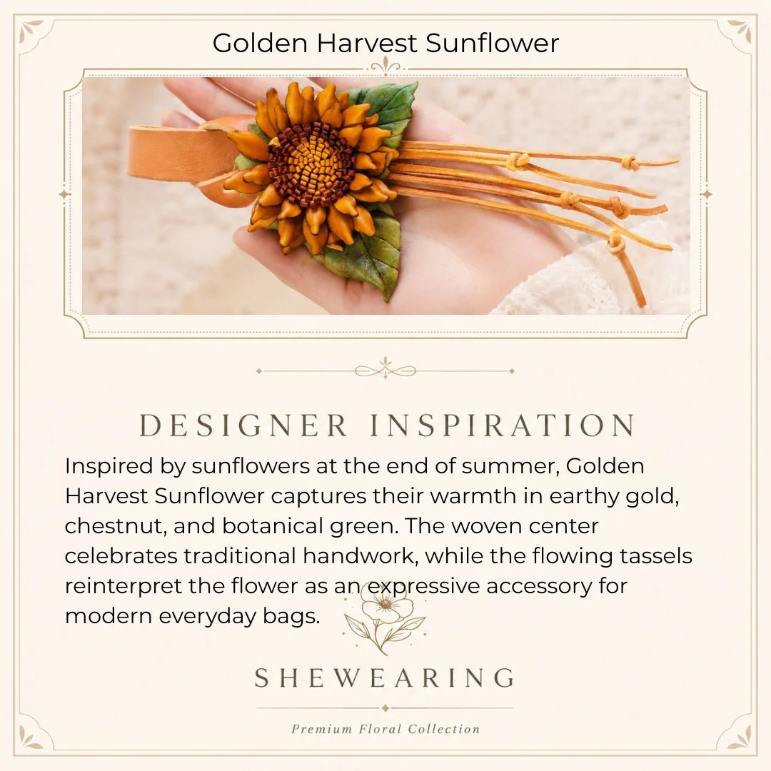 Colgante de cuero hecho a mano con girasol dorado y centro trenzado, correa ancha a presión y borlas largas, accesorio artístico floral para bolso.