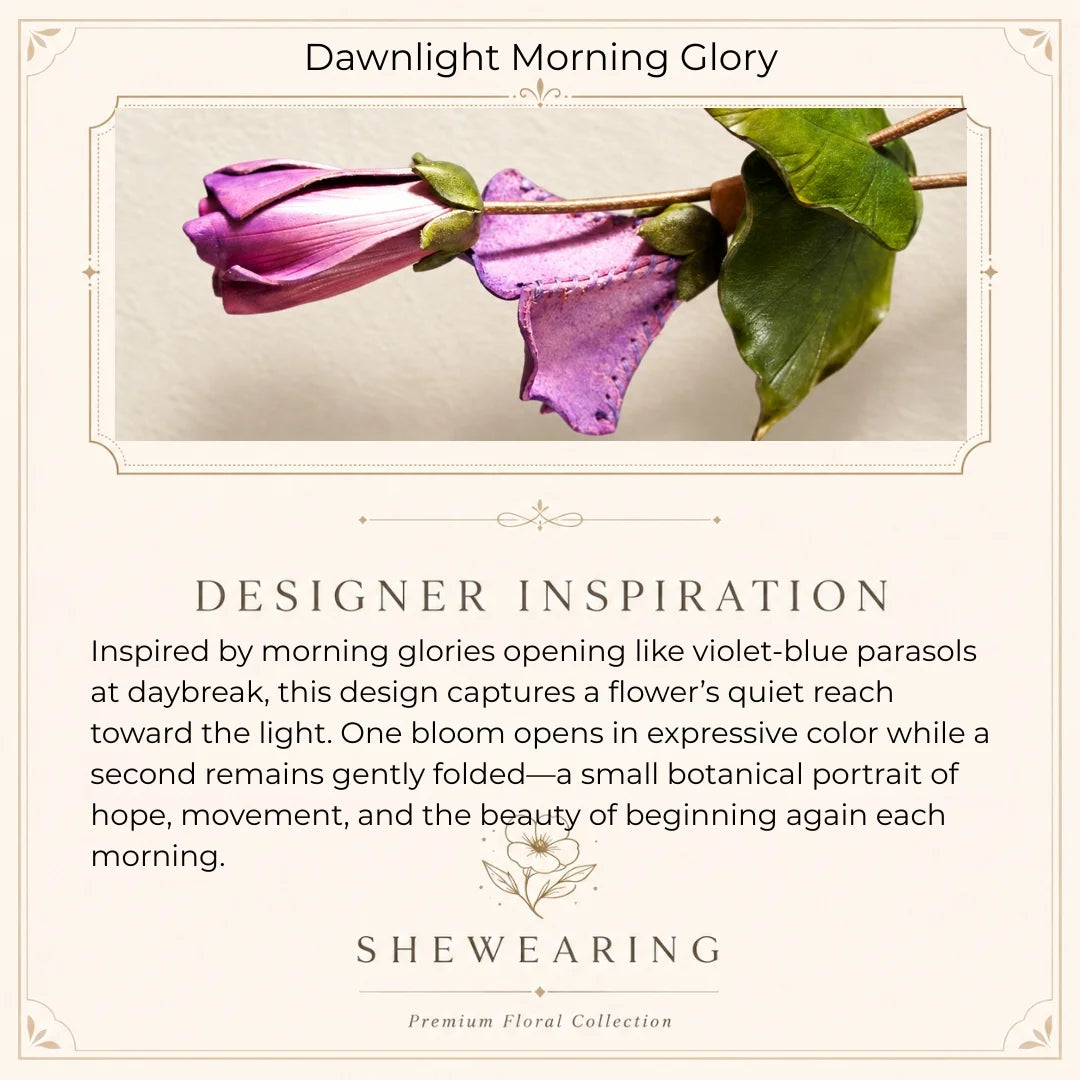 Sculptural Purple Morning Glory Leather Floral Bag Charm with Open Bloom and Folded Bud for Handbags in Violet, Magenta and Soft Pink