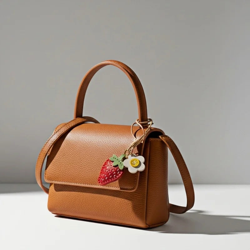 Precioso dije de fresa para bolso de cuero – Colgante artesanal inspirado en la fruta con detalle de margarita | Divertido llavero | Un regalo encantador para mujer