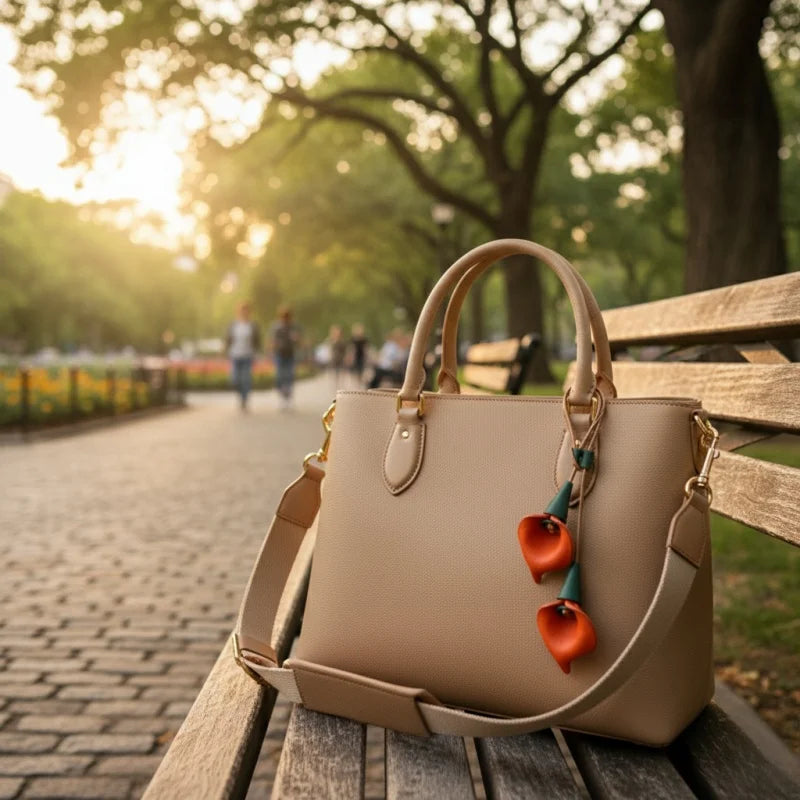 Elegant Calla Lily Leather Bag Charm – Handmade Full-Grain Cowhide Pendant | Artistic Flower-Inspired Keychain | Luxury Accessory for Handbags