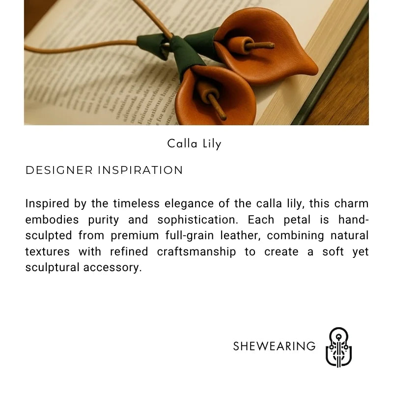 Elegant Calla Lily Leather Bag Charm – Handmade Full-Grain Cowhide Pendant | Artistic Flower-Inspired Keychain | Luxury Accessory for Handbags