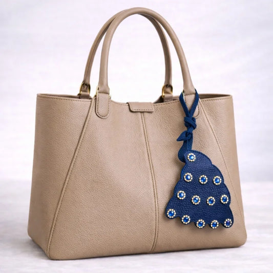 Handcrafted Peacock Leather Bag Charm – Full-Grain Leather Pendant with Crystal Details | Elegant Blue Statement Accessory | Sophisticated Gift for Her
