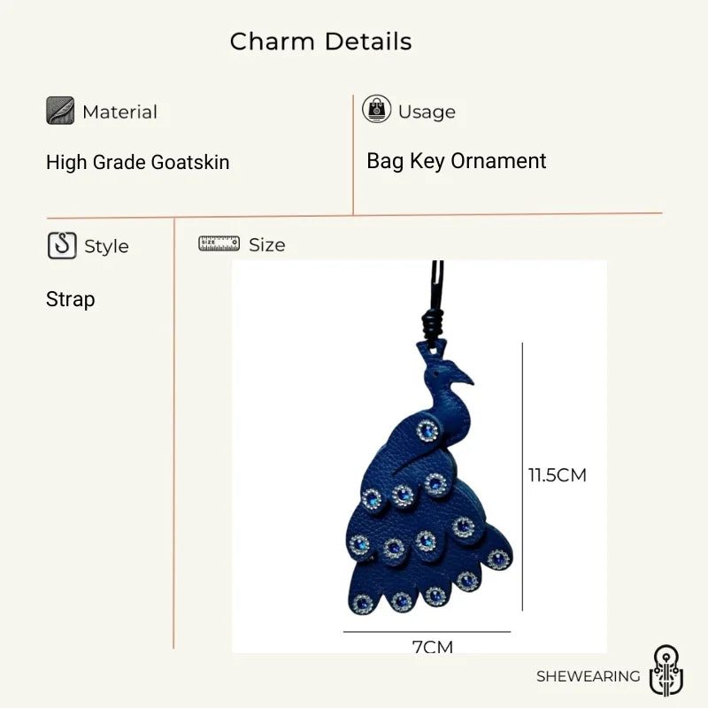 Handcrafted Peacock Leather Bag Charm – Full-Grain Leather Pendant with Crystal Details | Elegant Blue Statement Accessory | Sophisticated Gift for Her