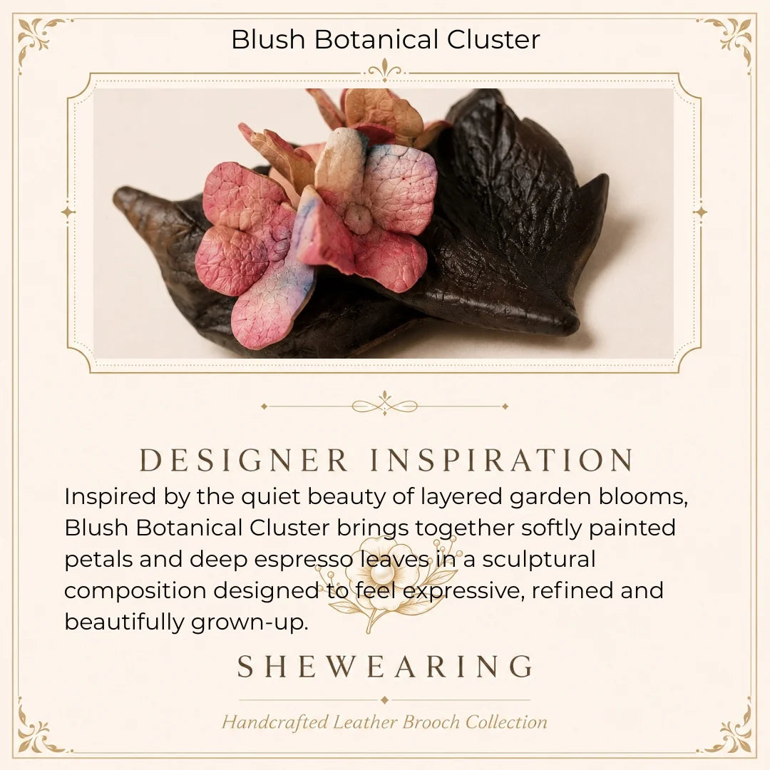 Broche de cuero botánico color rubor pintado a mano, accesorio de moda floral escultural para blazers, prendas de punto y abrigos