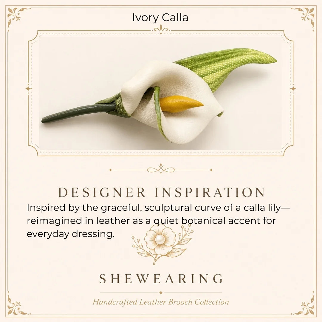 Broche de cuero de cala blanca hecho a mano, accesorio de moda floral escultural para mujer