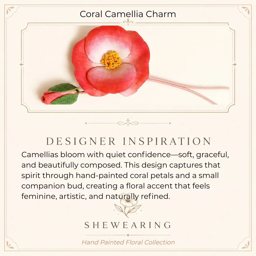 Hand-Painted Coral Camellia Leather Bag Charm with Delicate Bud, Artistic Botanical Handbag Accessory