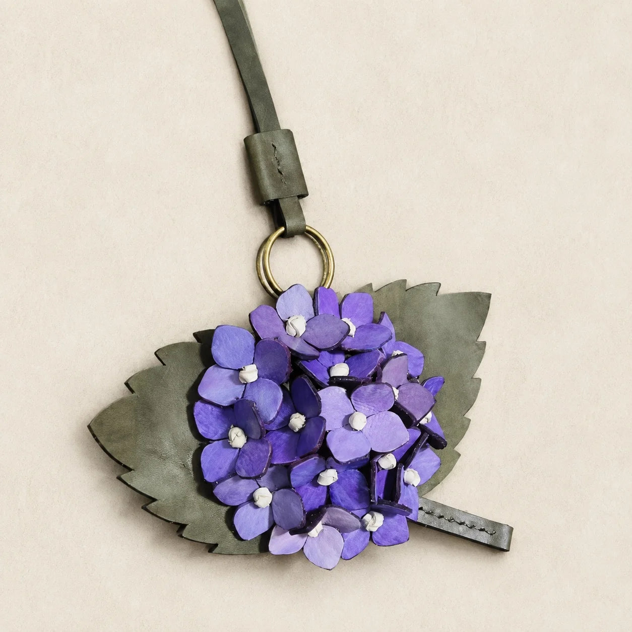 Handcrafted Sculptural Hydrangea Leather Bag Charm with Layered Florals, Serrated Leaves and Brass Ring for Medium and Large Tote Bags