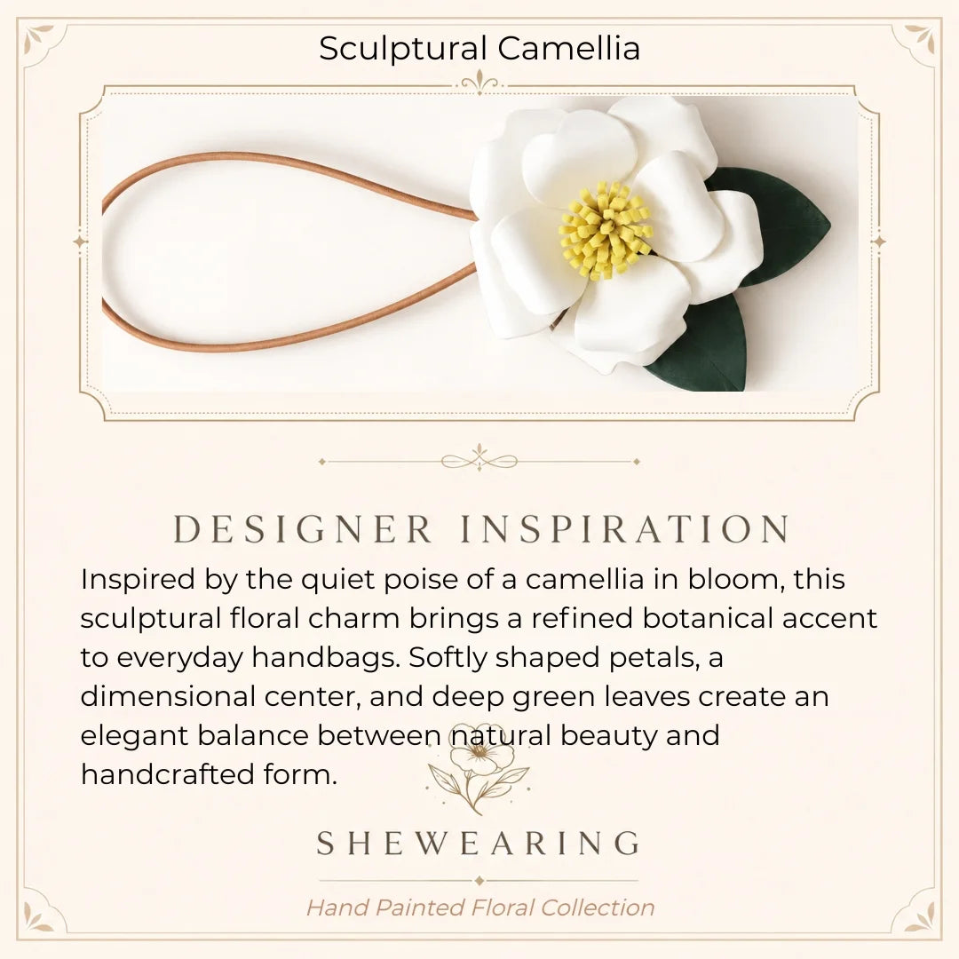 Handcrafted Sculptural Camellia Leather Bag Charm with Ivory and Red Variations, Elegant Floral Handbag Accessory for Refined Everyday Styling