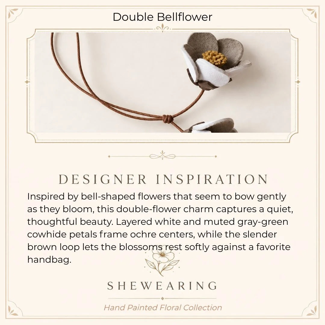 Handcrafted Double Bellflower Leather Bag Charm, White and Gray-Green Botanical Handbag Accessory with Sculpted Cowhide Blooms