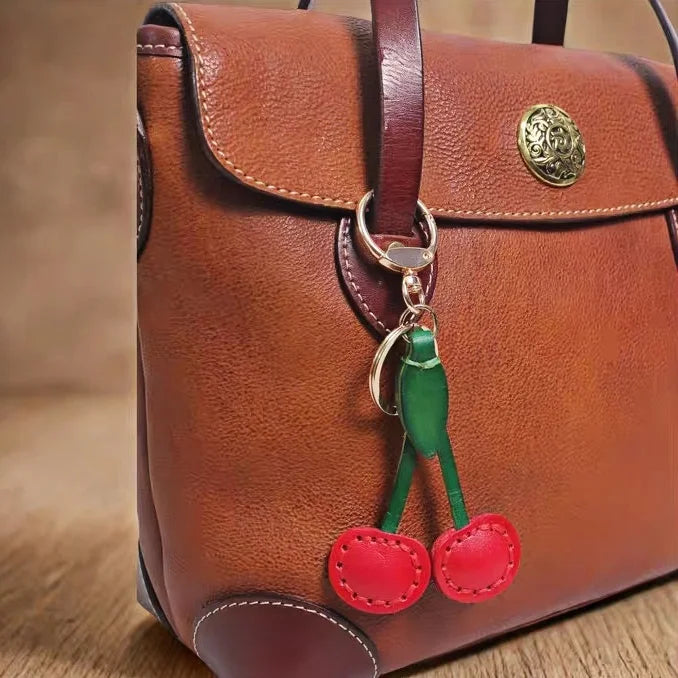 Classic Cherry Leather Bag Charm – Handmade Full-Grain Cowhide Pendant | Artisan Double-Cherry Keychain | Whimsical Accessory for Handbags & Gifts