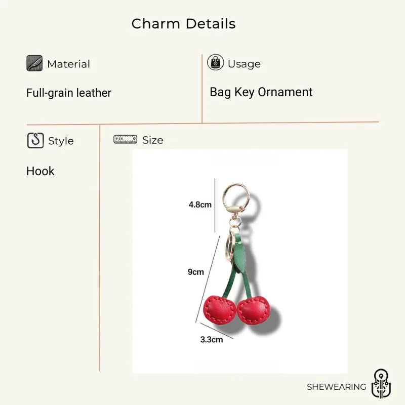 Classic Cherry Leather Bag Charm – Handmade Full-Grain Cowhide Pendant | Artisan Double-Cherry Keychain | Whimsical Accessory for Handbags & Gifts