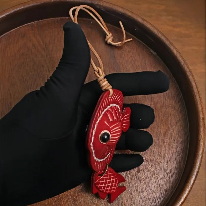 Lucky Fish Leather Bag Charm – Handmade Full-Grain Leather Pendant | Symbol of Joy & Prosperity | Retro DIY Accessory for Bags & Keys