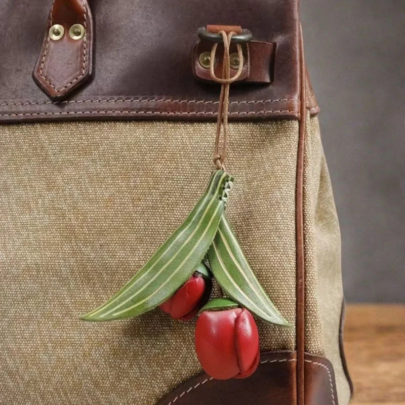 Handmade Tulip Leather Bag Charm – Full-Grain Cowhide Flower Pendant | Artisan Handcrafted Accessory | Unique Leather Handbag Decoration
