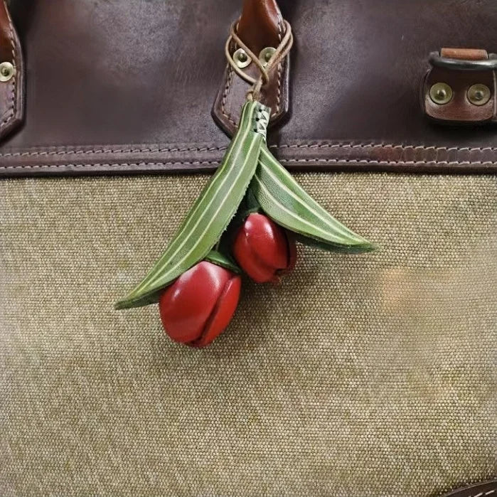 Handmade Tulip Leather Bag Charm – Full-Grain Cowhide Flower Pendant | Artisan Handcrafted Accessory | Unique Leather Handbag Decoration