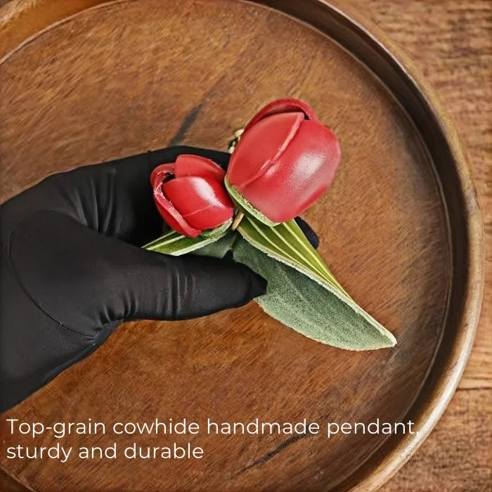 Handmade Tulip Leather Bag Charm – Full-Grain Cowhide Flower Pendant | Artisan Handcrafted Accessory | Unique Leather Handbag Decoration