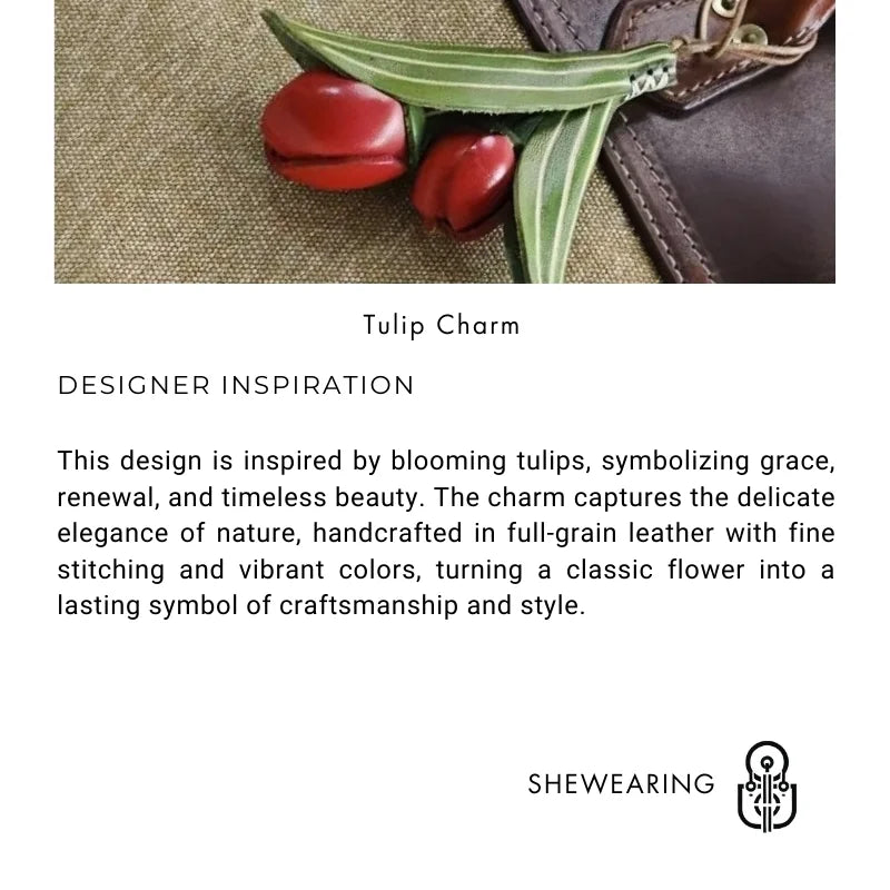 Handmade Tulip Leather Bag Charm – Full-Grain Cowhide Flower Pendant | Artisan Handcrafted Accessory | Unique Leather Handbag Decoration