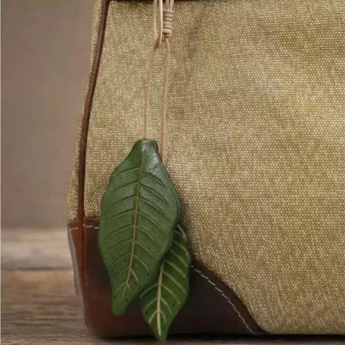Two-Tone Leather Leaf Bag Charm – Handmade Full-Grain Cowhide Pendant | Dual-Color Nature-Inspired Keychain | Elegant Gift Accessory for Women
