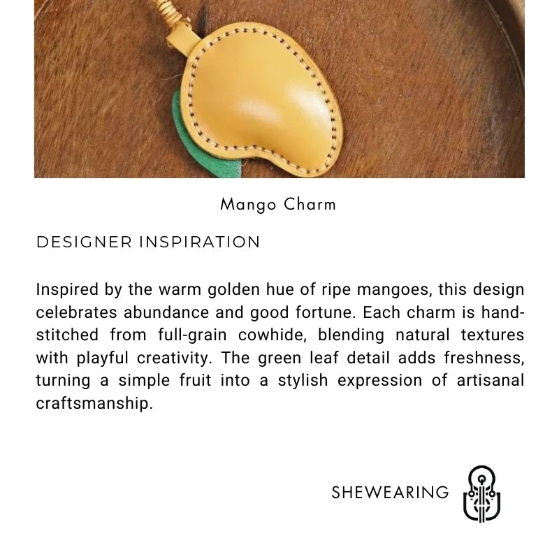 Mango Leather Bag Charm – Handmade Full-Grain Cowhide Pendant | Vintage Fruit-Inspired Keychain | Unique Handbag Accessory & Lucky Gift