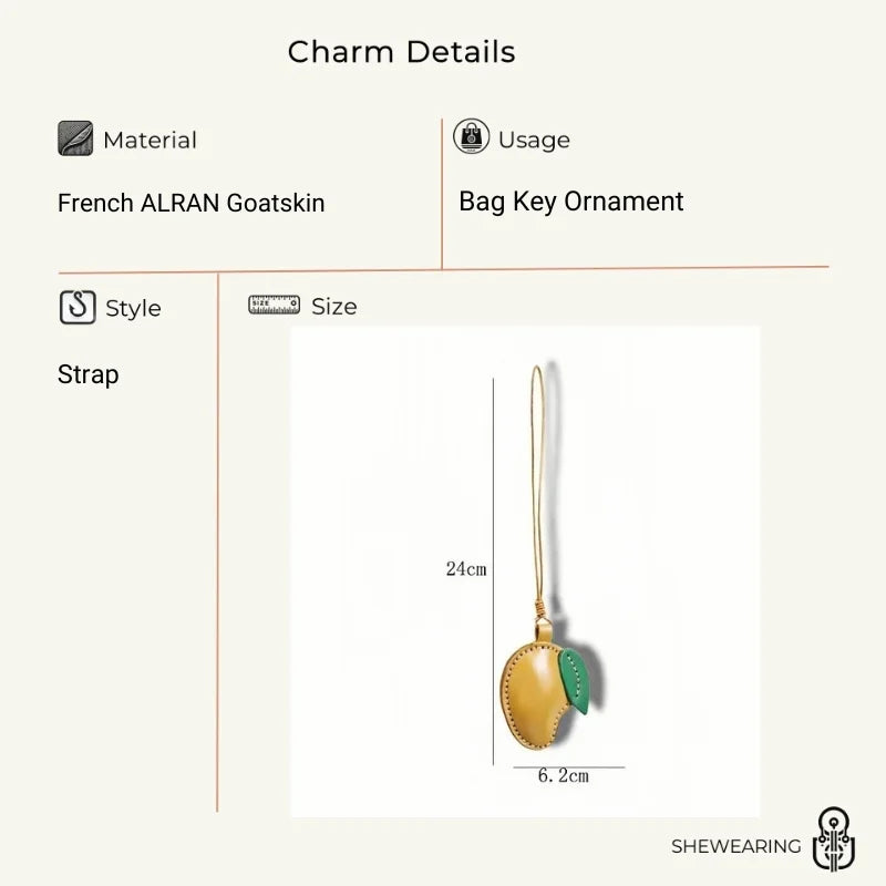 Mango Leather Bag Charm – Handmade Full-Grain Cowhide Pendant | Vintage Fruit-Inspired Keychain | Unique Handbag Accessory & Lucky Gift