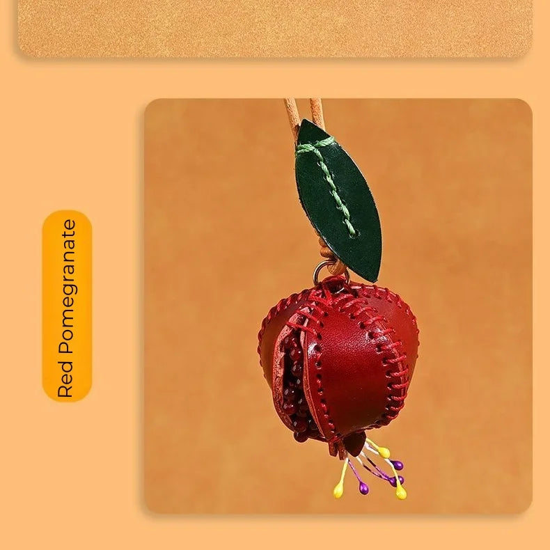 Hand-stitched Leather Pomegranate Charm – Premium Vegetable-tanned Leather Bag Pendant | Creative Accessory for Bags & Keychains