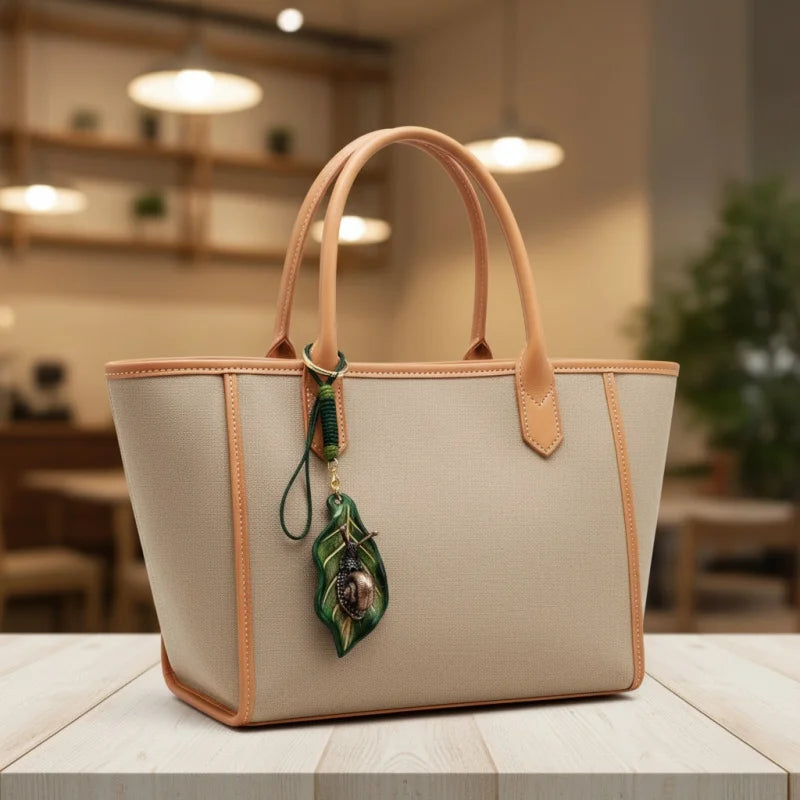 Handcrafted Leather Leaf & Bronze Snail Bag Charm – Unique Nature-Inspired Pendant | Artistic Handmade Accessory for Bags, Keys & Gifts
