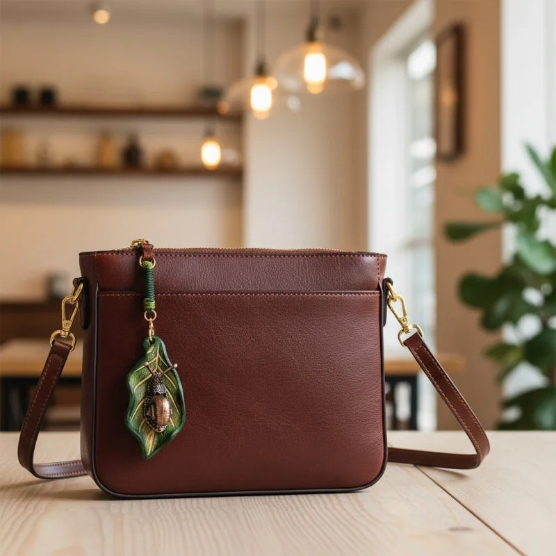 Handcrafted Leather Leaf & Bronze Snail Bag Charm – Unique Nature-Inspired Pendant | Artistic Handmade Accessory for Bags, Keys & Gifts